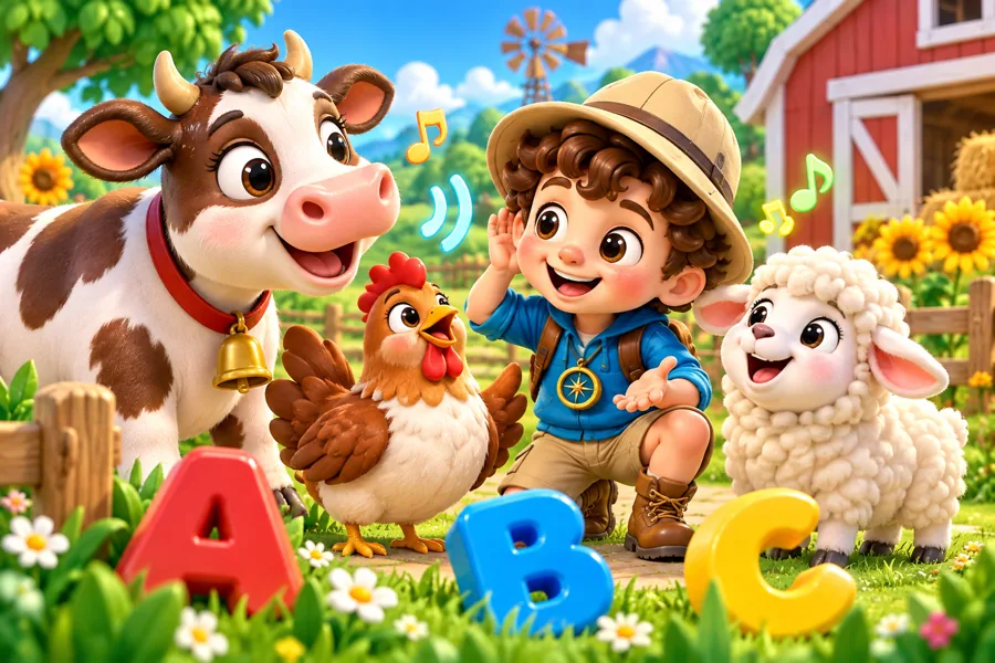 Milo escucha a los animales de una granja colorida