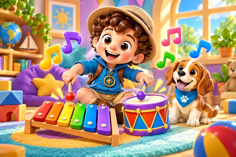 Milo toca un xilófono y un tambor de colores