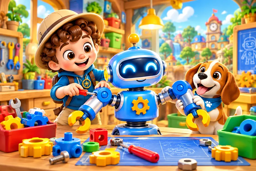 Milo y un robot azul en un taller